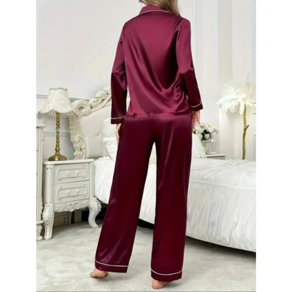 NWT Gorgeous 2 Pc XL Burgundy Satin Collar Button Long Sleeve Pants Pajama Set